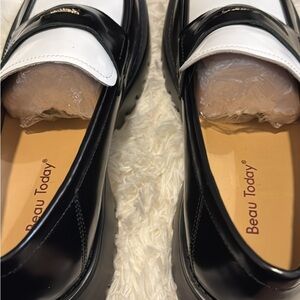 Black Leather Flats with White Accents NEVER WORN